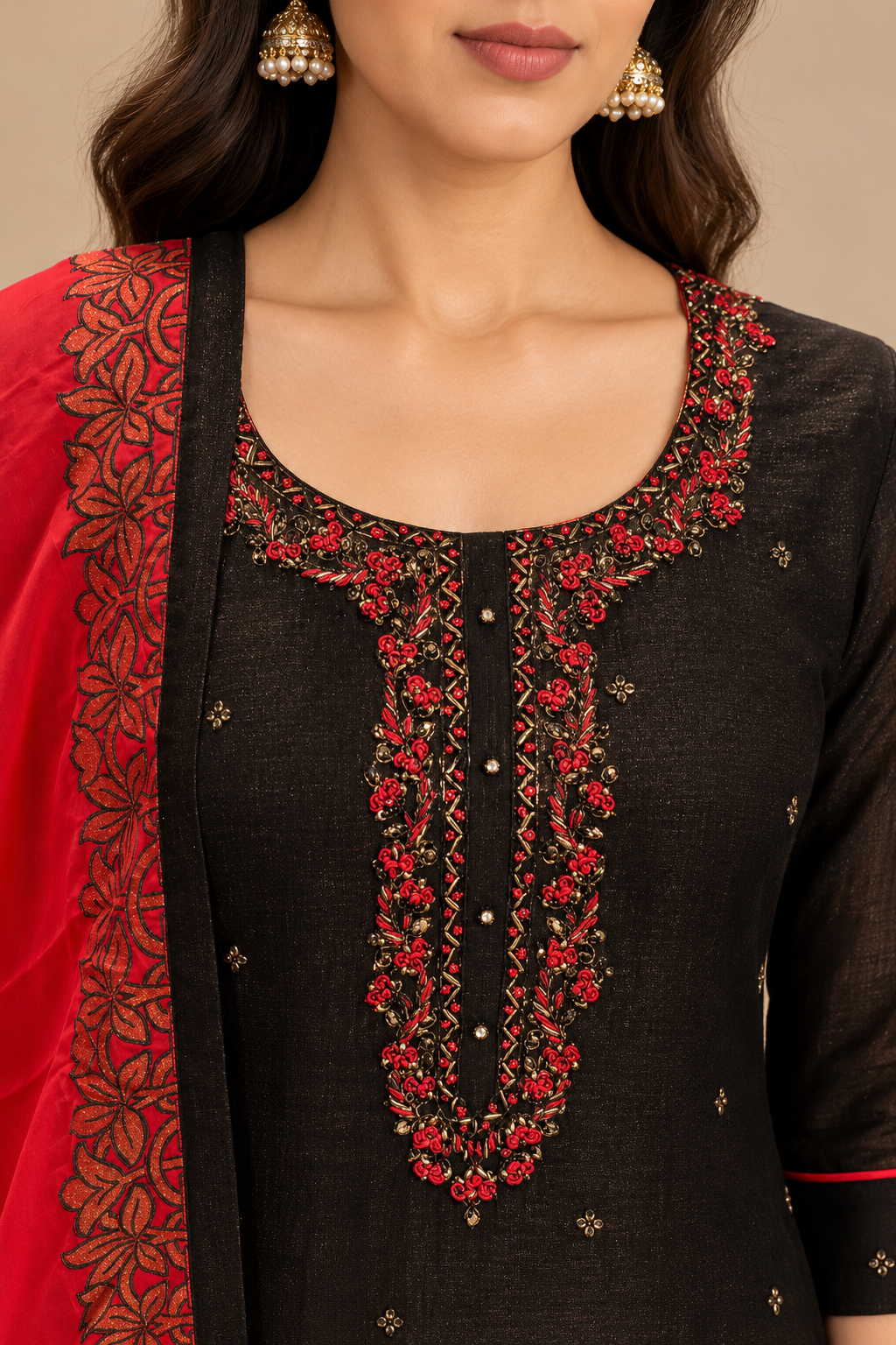 Black Embroidered Kurta Set with Red Floral Dupatta